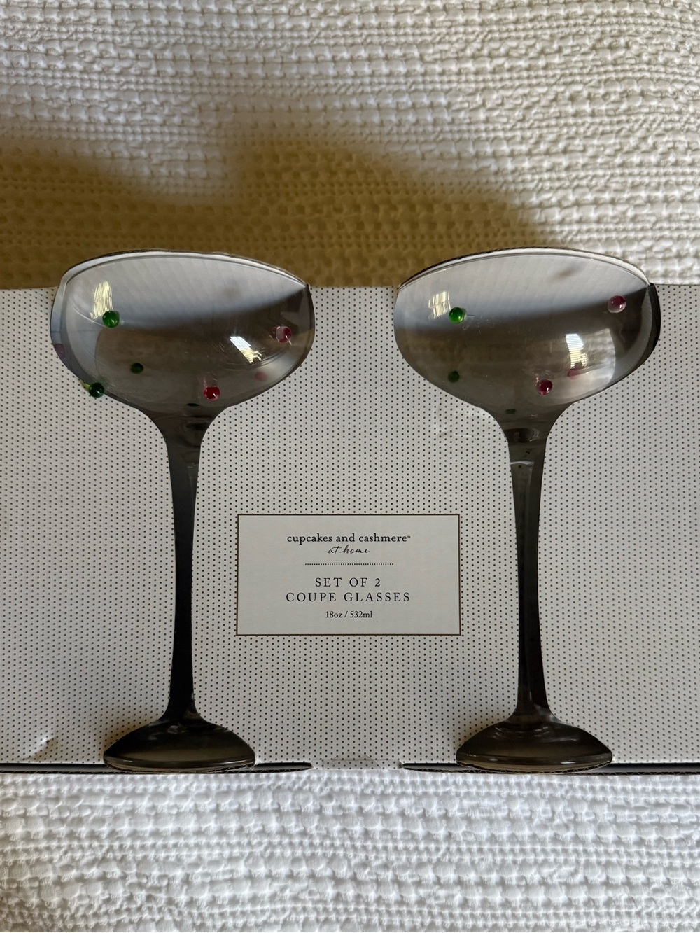 Cupcakes & Cashmere Set of 2 Coupe Glasses Colorful 3D Beaded Dots.